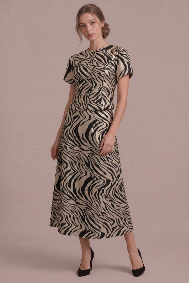 METALLIC TIGER JACQUARD PLEATED MIDI SKIRT