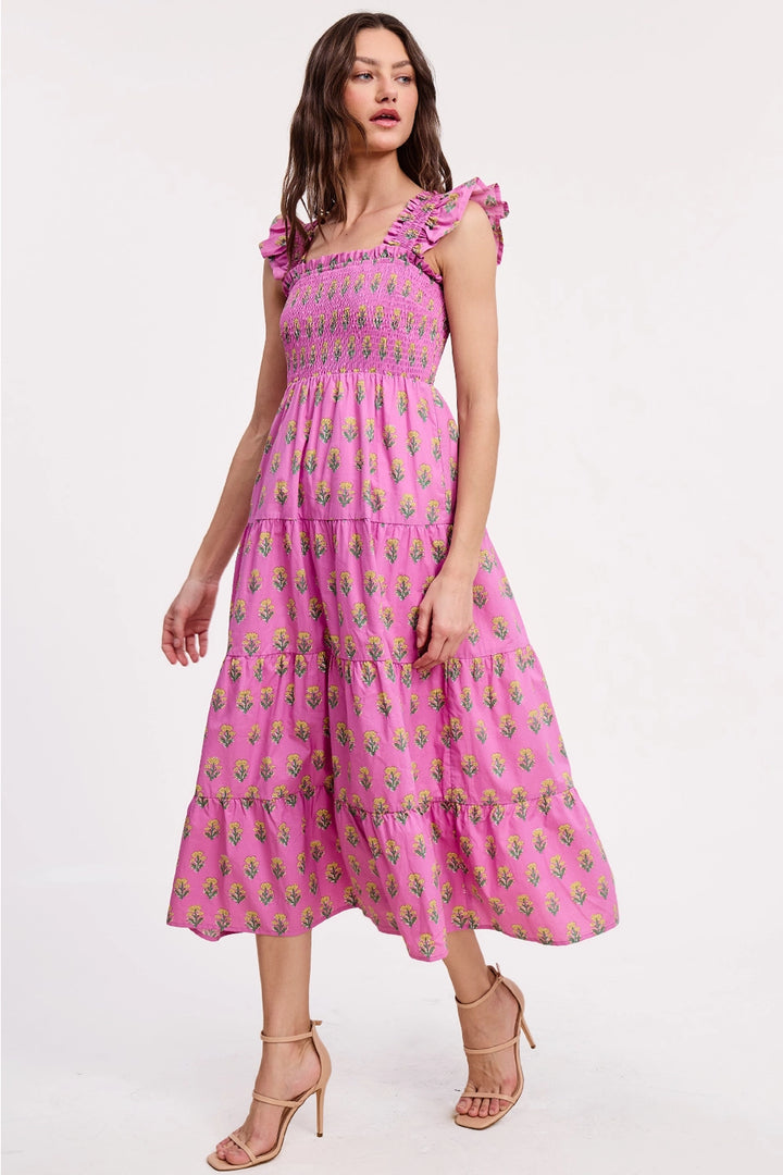 FLORAL CLUSTERS SMOCKED MIDI DRESS
