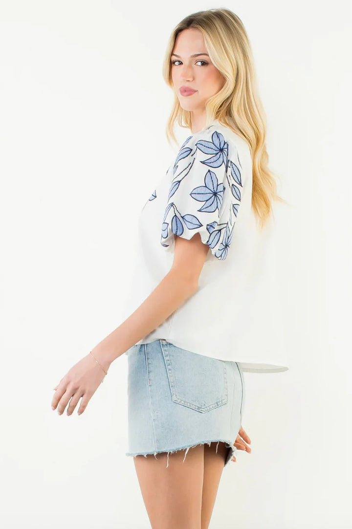PUFF SLEEVE FLORAL EMBROIDERY TOP