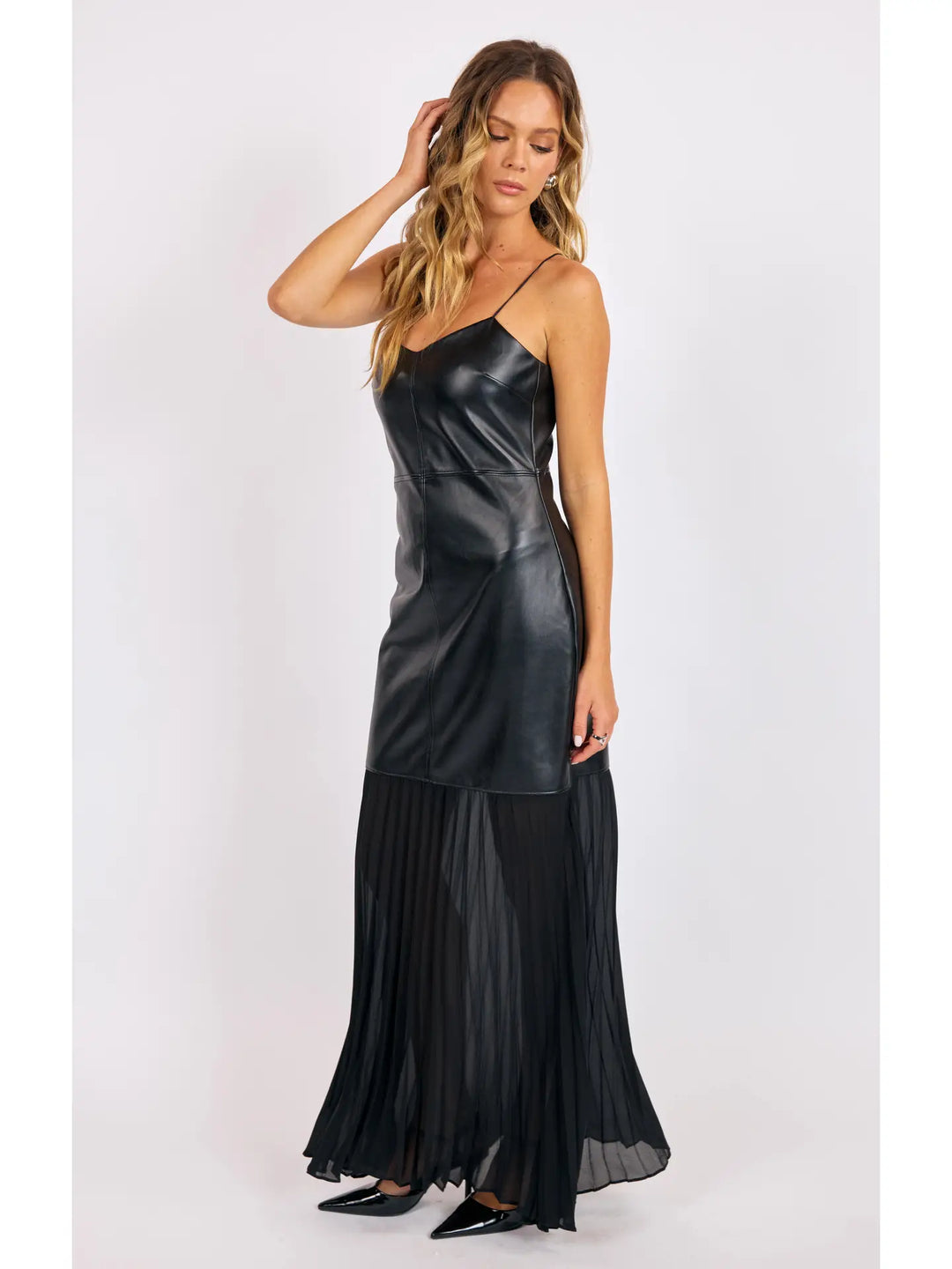 Fete Vegan Leather Pleated Skirt Maxi Dress - Black J / Small / LH4311 Fete Vegan Leather Pleated Skirt Maxi Dress - Black J / Small / LH4311