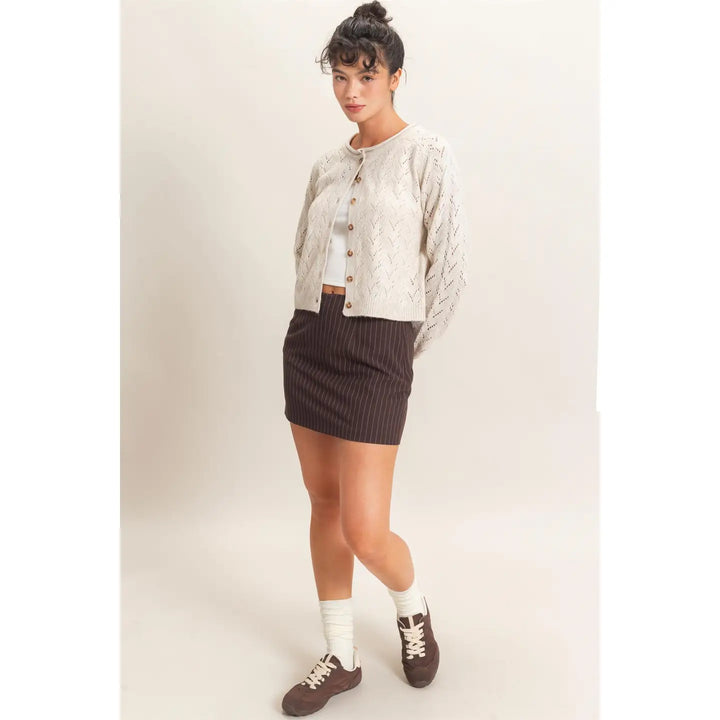 POINTELLE KNIT BUTTON FRONT CARDIGAN