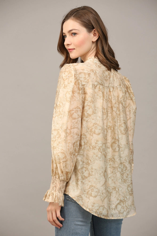FLORAL PRINT RUFFLE NECK BLOUSE