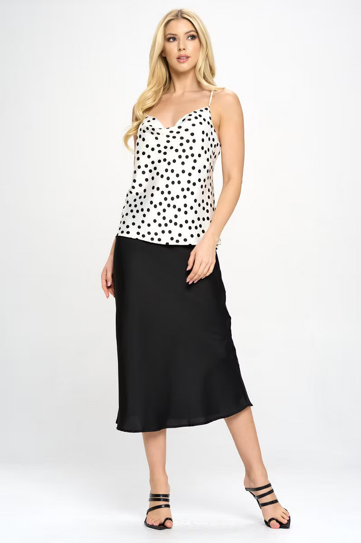 POLKA DOT SATIN COWL NECK TOP