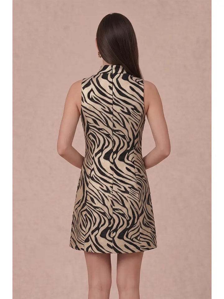 MOCK NECK TIGER METALLIC JACQUARD MINI DRESS