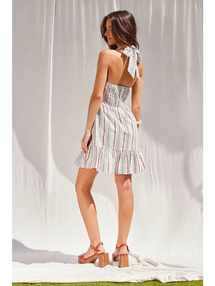 HALTER NECK STRIPED MINI DRESS