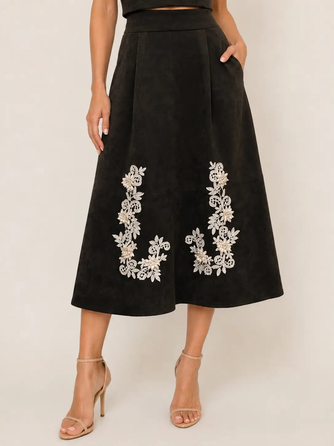 ASYMMETRIC CROCHET TRIM A-LINE SUEDE SKIRT