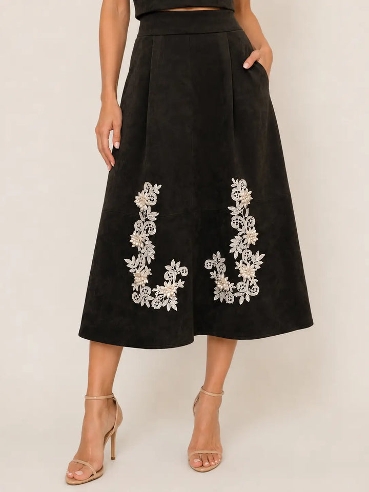 ASYMMETRIC CROCHET TRIM A-LINE SUEDE SKIRT