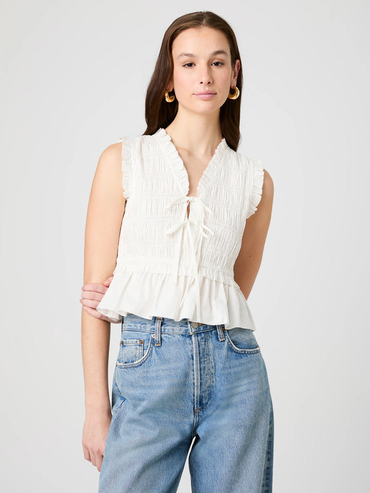 RHODES POPLIN SMOCKED FLUTTER SLEEVE TOP
