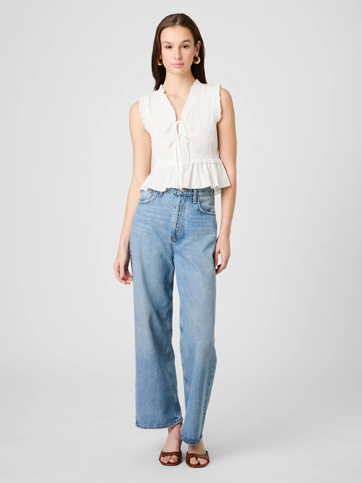 RHODES POPLIN SMOCKED FLUTTER SLEEVE TOP