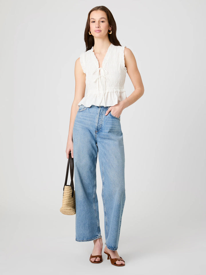 RHODES POPLIN SMOCKED FLUTTER SLEEVE TOP