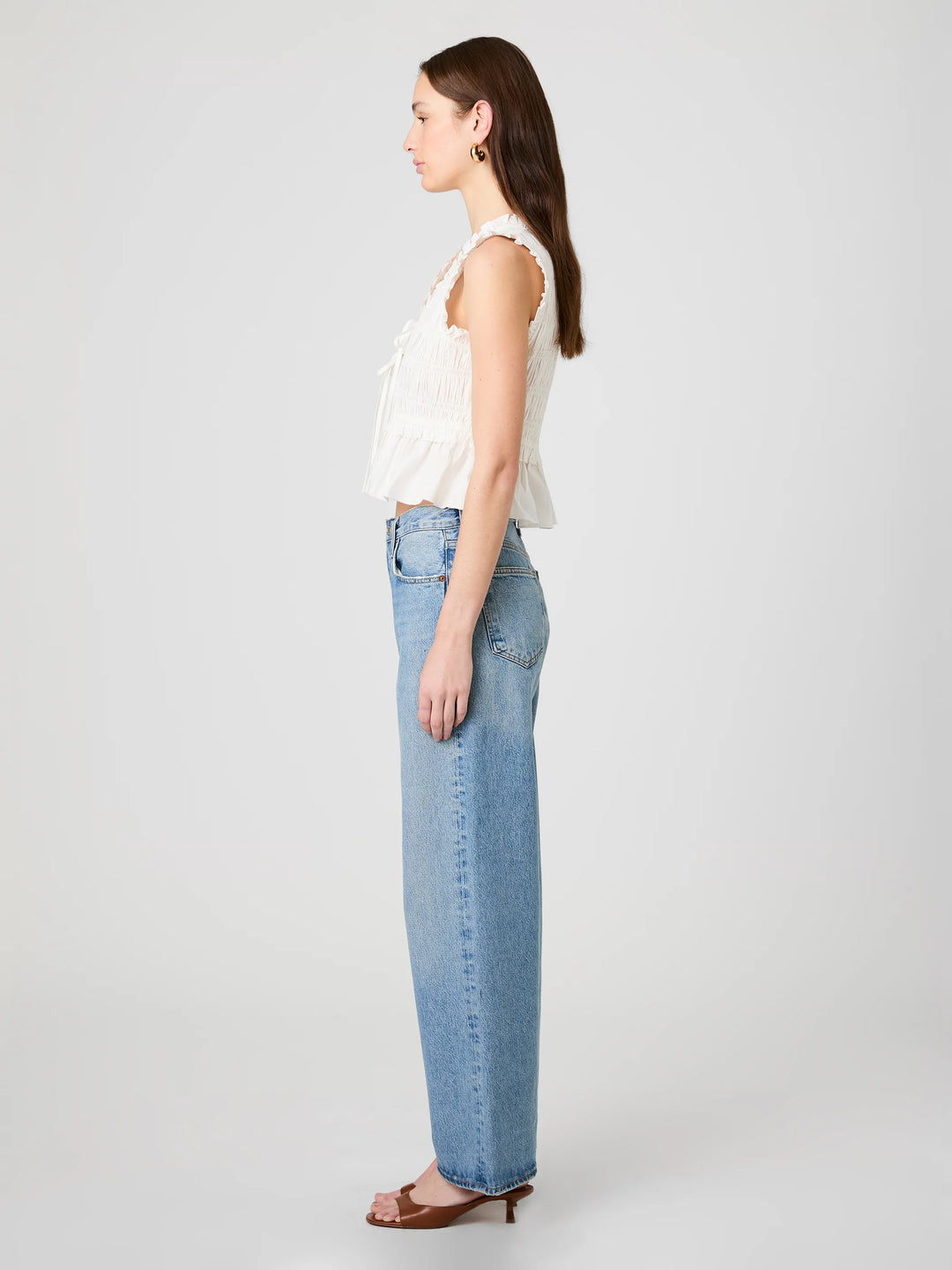 RHODES POPLIN SMOCKED FLUTTER SLEEVE TOP