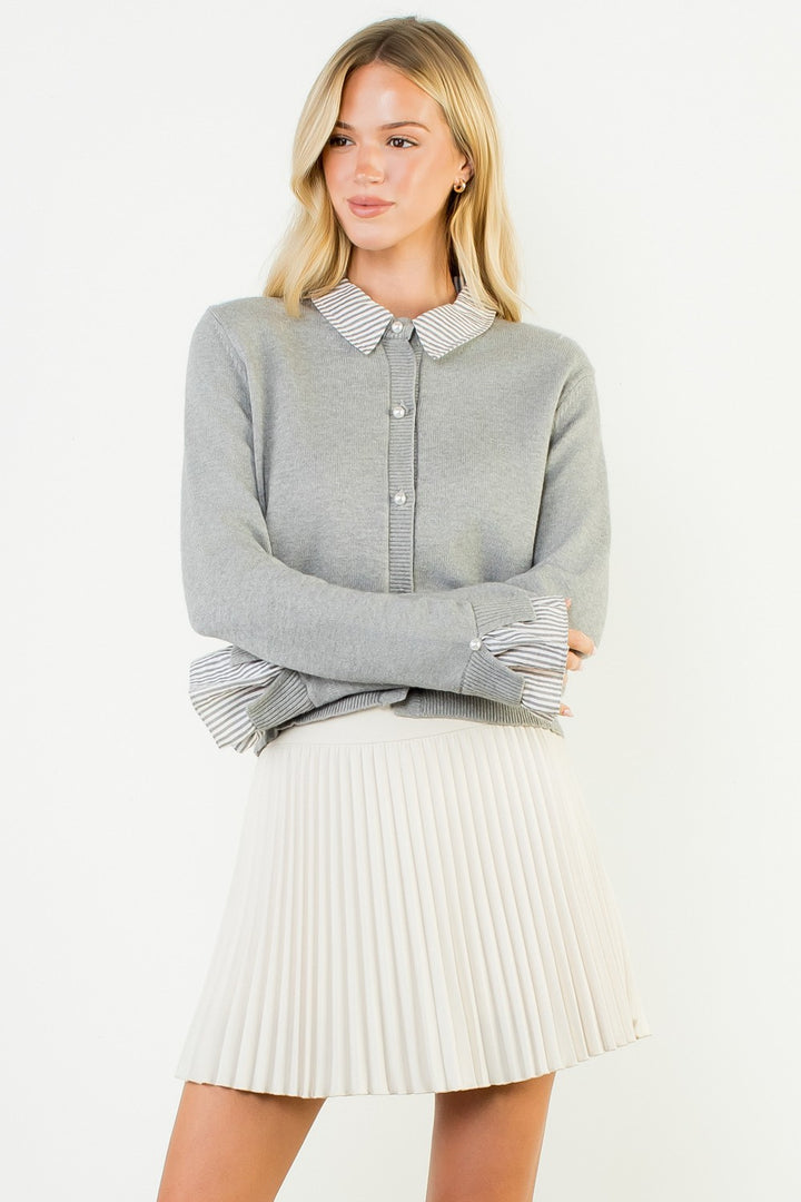 PEARL BUTTON MIXED MEDIA COLLARED KNIT TOP