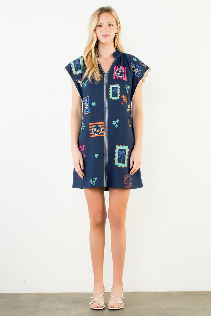SHORT SLEEVE EMBROIDERY DETAIL DRESS