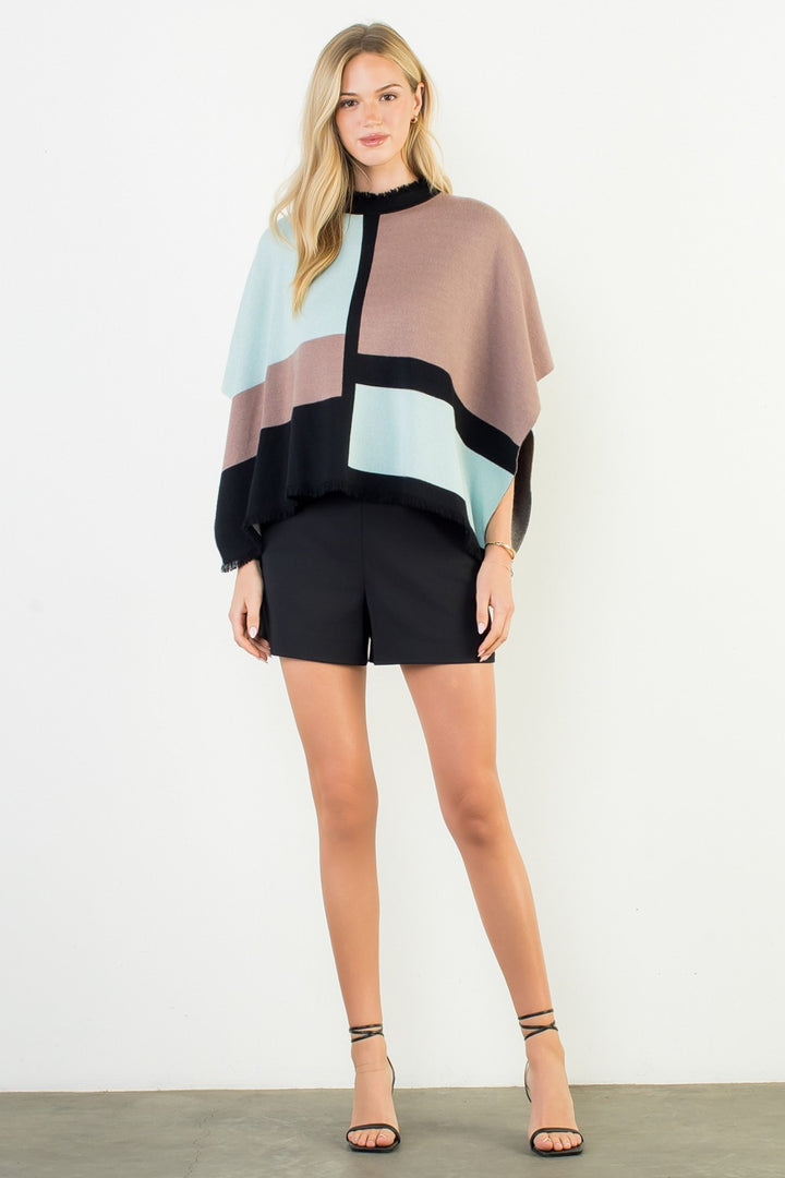 FRINGE TRIM MOCK NECK COLORBLOCK PONCHO