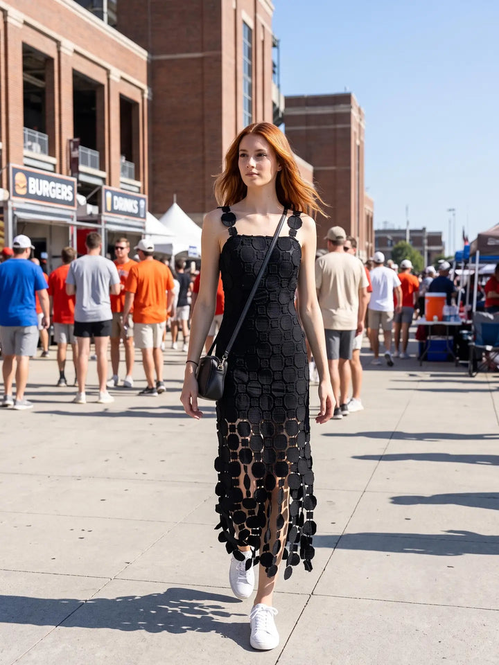 3D LACE FRINGE HEM BODYCON MIDI DRESS