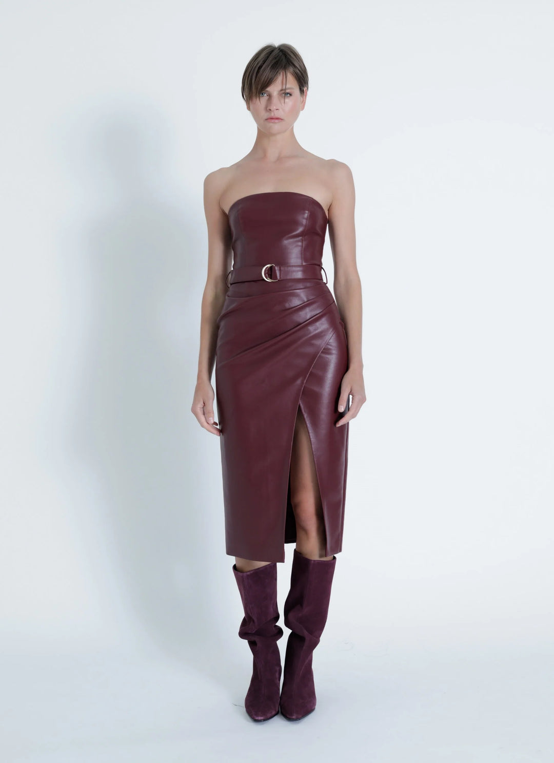 SAMANTHA STRAPLESS VEGAN LEATHER MIDI DRESS Copper Penny SAMANTHA STRAPLESS VEGAN LEATHER MIDI DRESS Copper Penny
