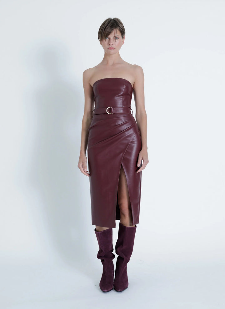 SAMANTHA STRAPLESS VEGAN LEATHER MIDI DRESS