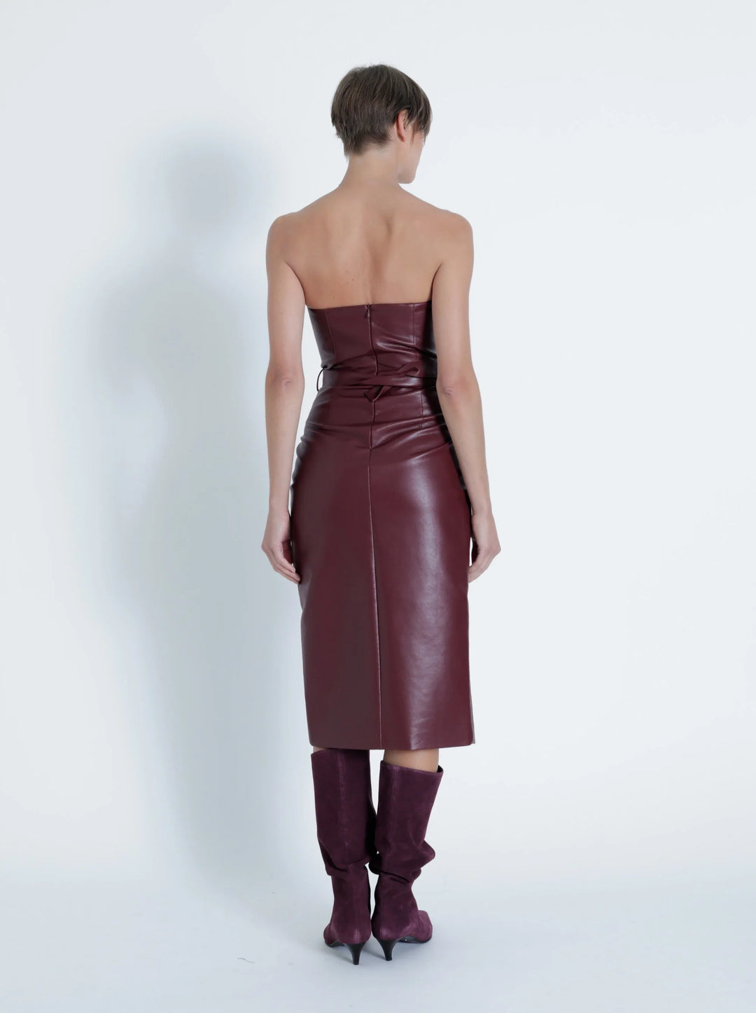 SAMANTHA STRAPLESS VEGAN LEATHER MIDI DRESS