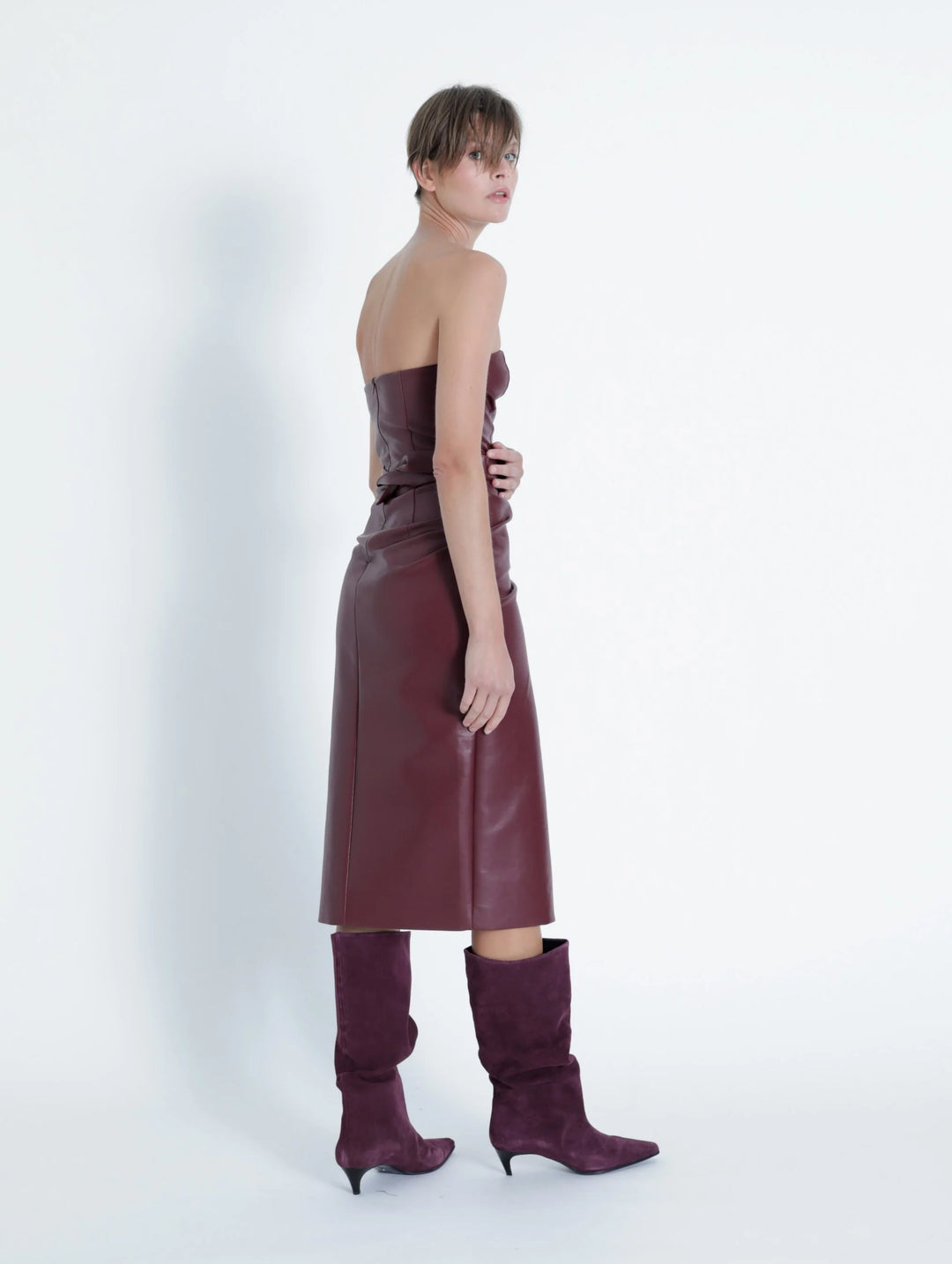 SAMANTHA STRAPLESS VEGAN LEATHER MIDI DRESS