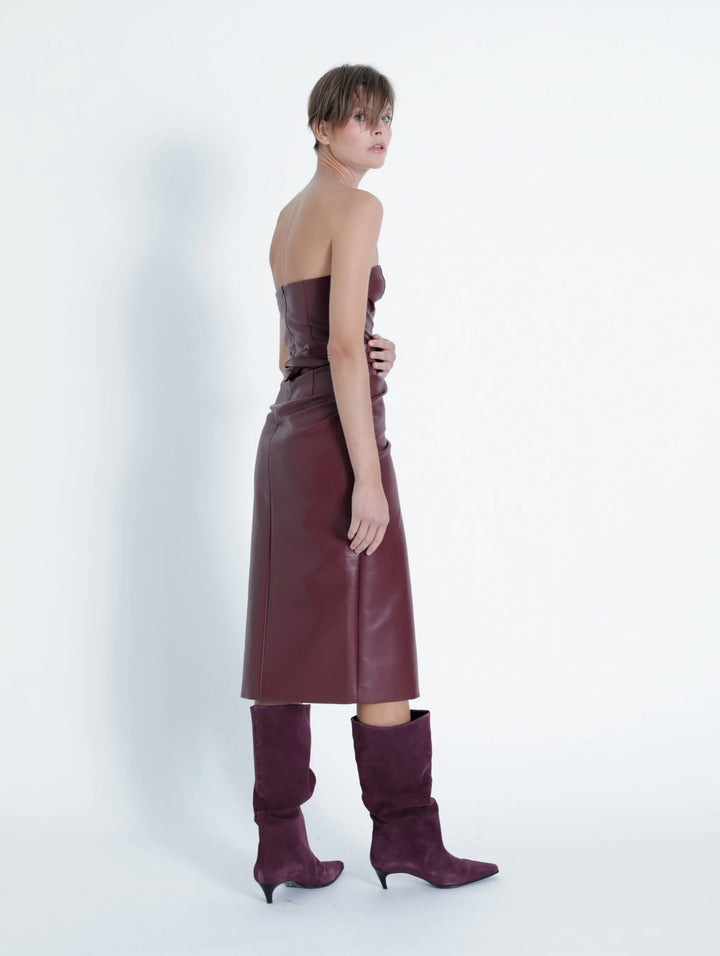SAMANTHA STRAPLESS VEGAN LEATHER MIDI DRESS