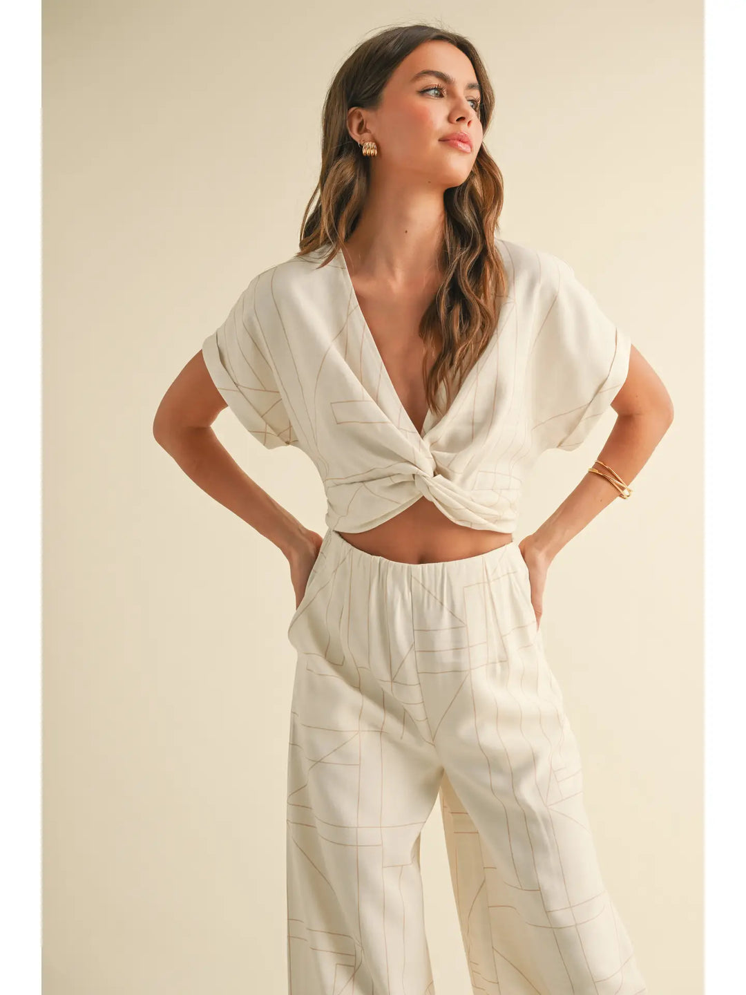 MULTI GRID PATTERN KNT FRONT TOP & WIDE LEG PANTS SET