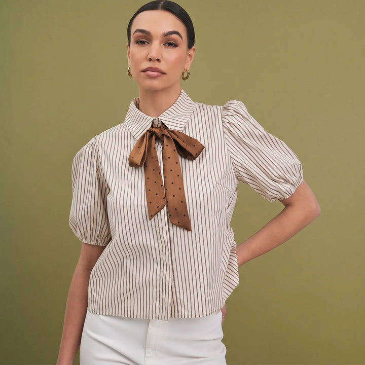SATIN BOW DETAILED BUTTON DOWN SHIRT TOP
