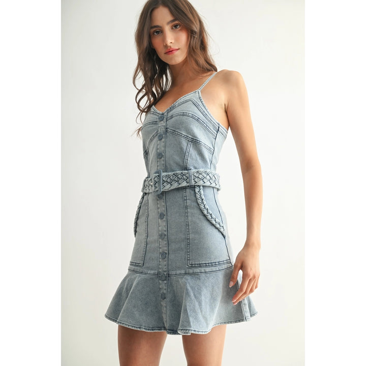 STRETCH DENIM DRESS WITH BRAIDED BELT DETAIL