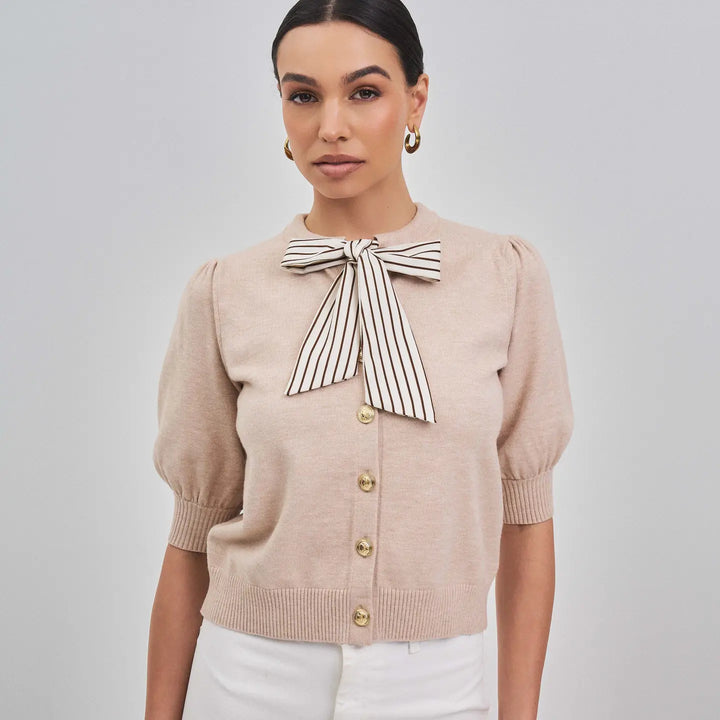 SATIN STRIPE BOW DETAILED SWEATER CARDIGAN