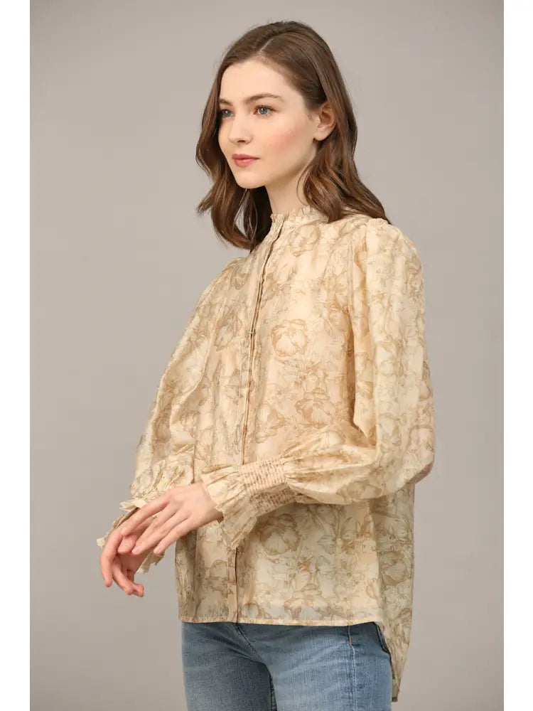 FLORAL PRINT RUFFLE NECK BLOUSE