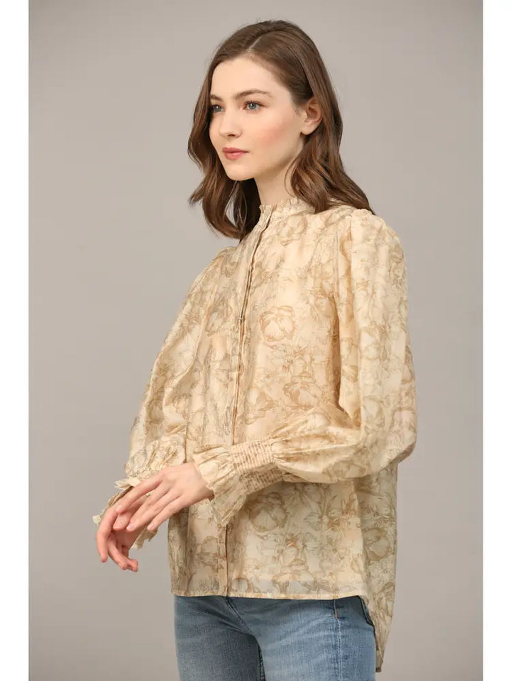 FLORAL PRINT RUFFLE NECK BLOUSE