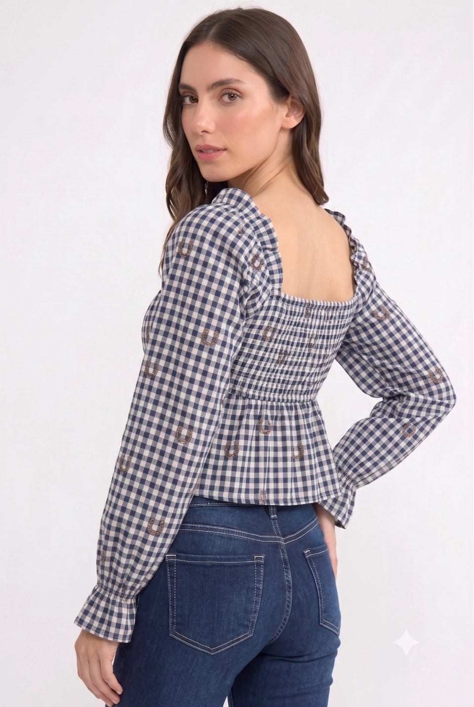 GINGHAM EYELET PEPLUM HORSESHOE EMBROIDERY TOP