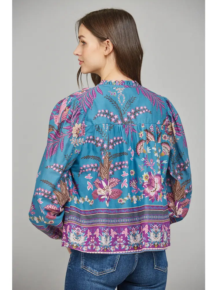 RUFFLED V NECK LONG SLEEVE BLOUSE