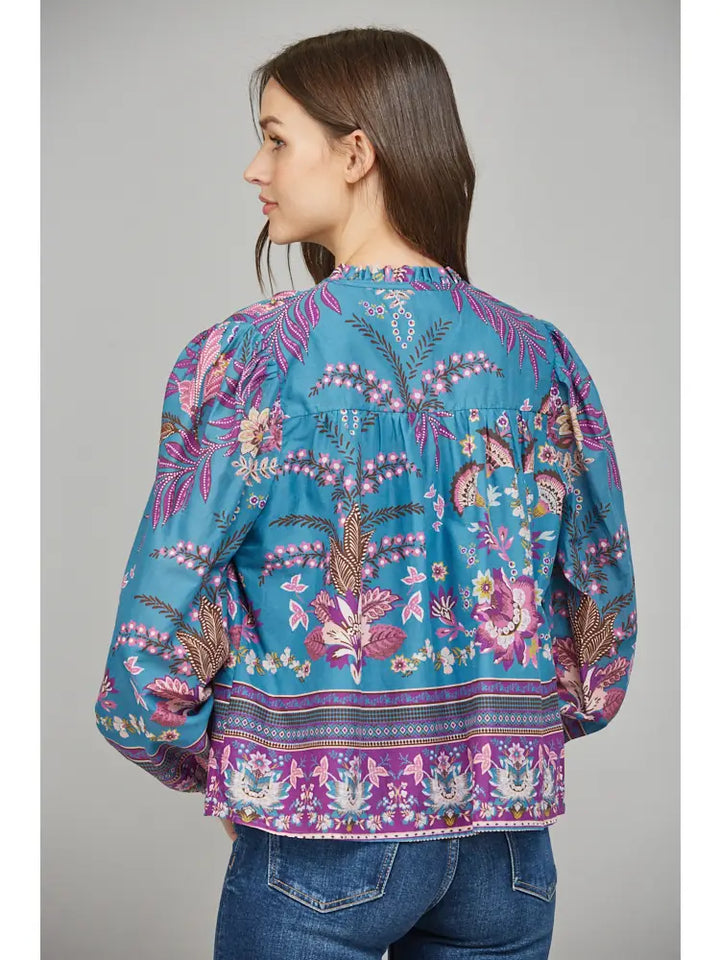 RUFFLED V NECK LONG SLEEVE BLOUSE