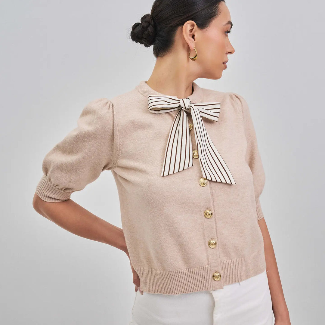 SATIN STRIPE BOW DETAILED SWEATER CARDIGAN