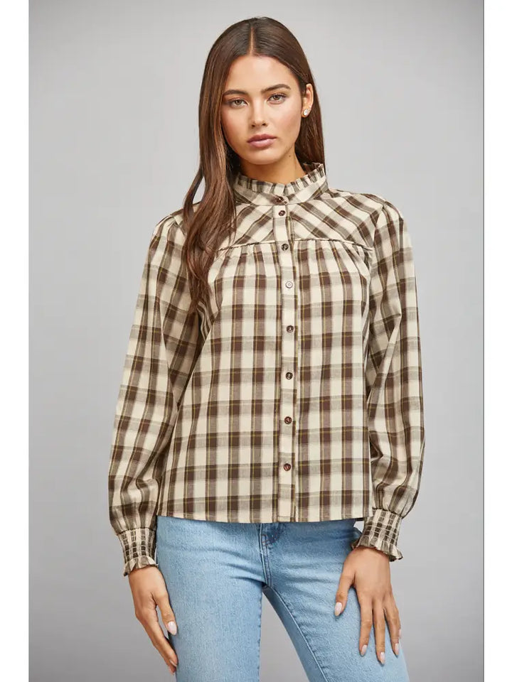 PLAID RUFFLED HIGH COLLAR BUTTON DOWN BLOUSE