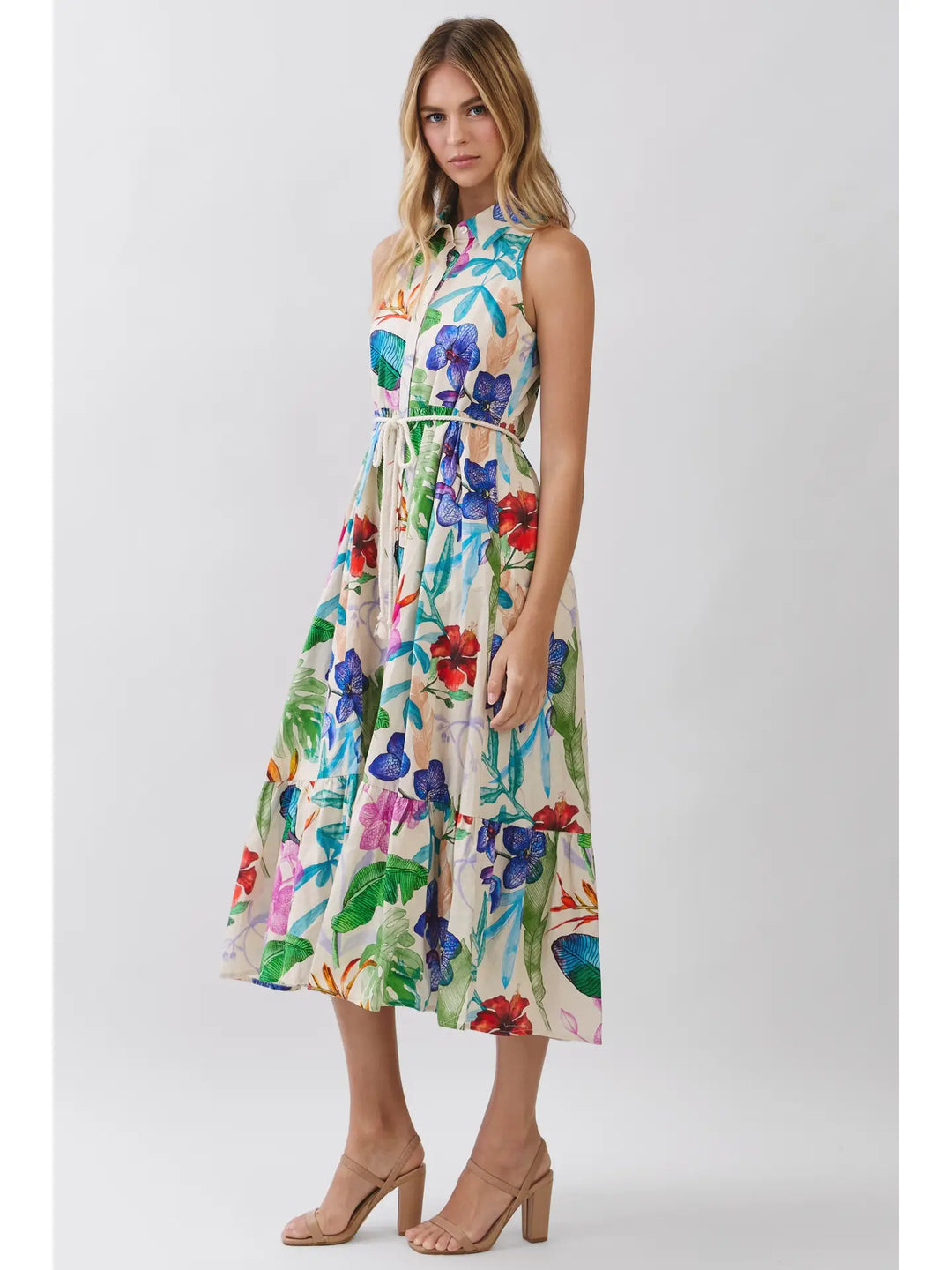 TROPICAL FLORAL SLEEVELESS BUTTON DOWN MIDI DRESS