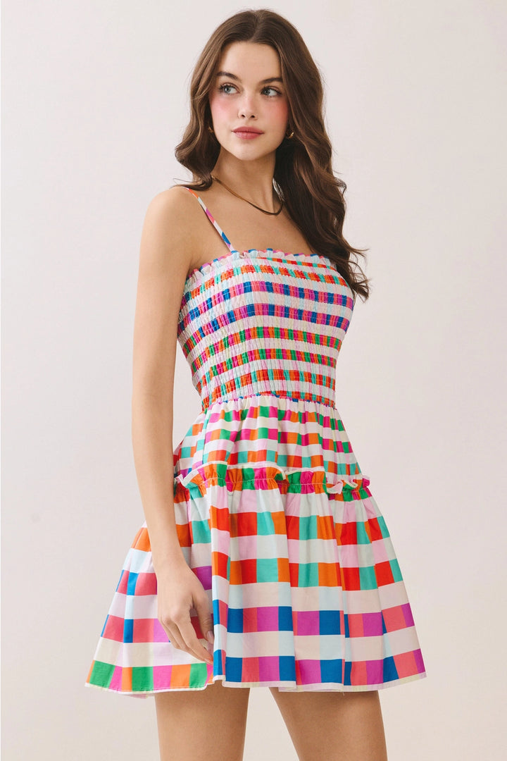 MULTI COLOR CHECKERED SMOCKED BODICE MINI DRESS