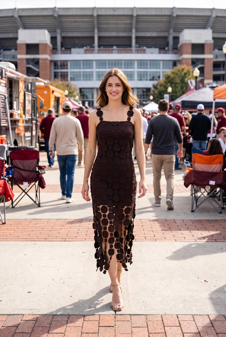 3D LACE FRINGE HEM BODYCON MIDI DRESS