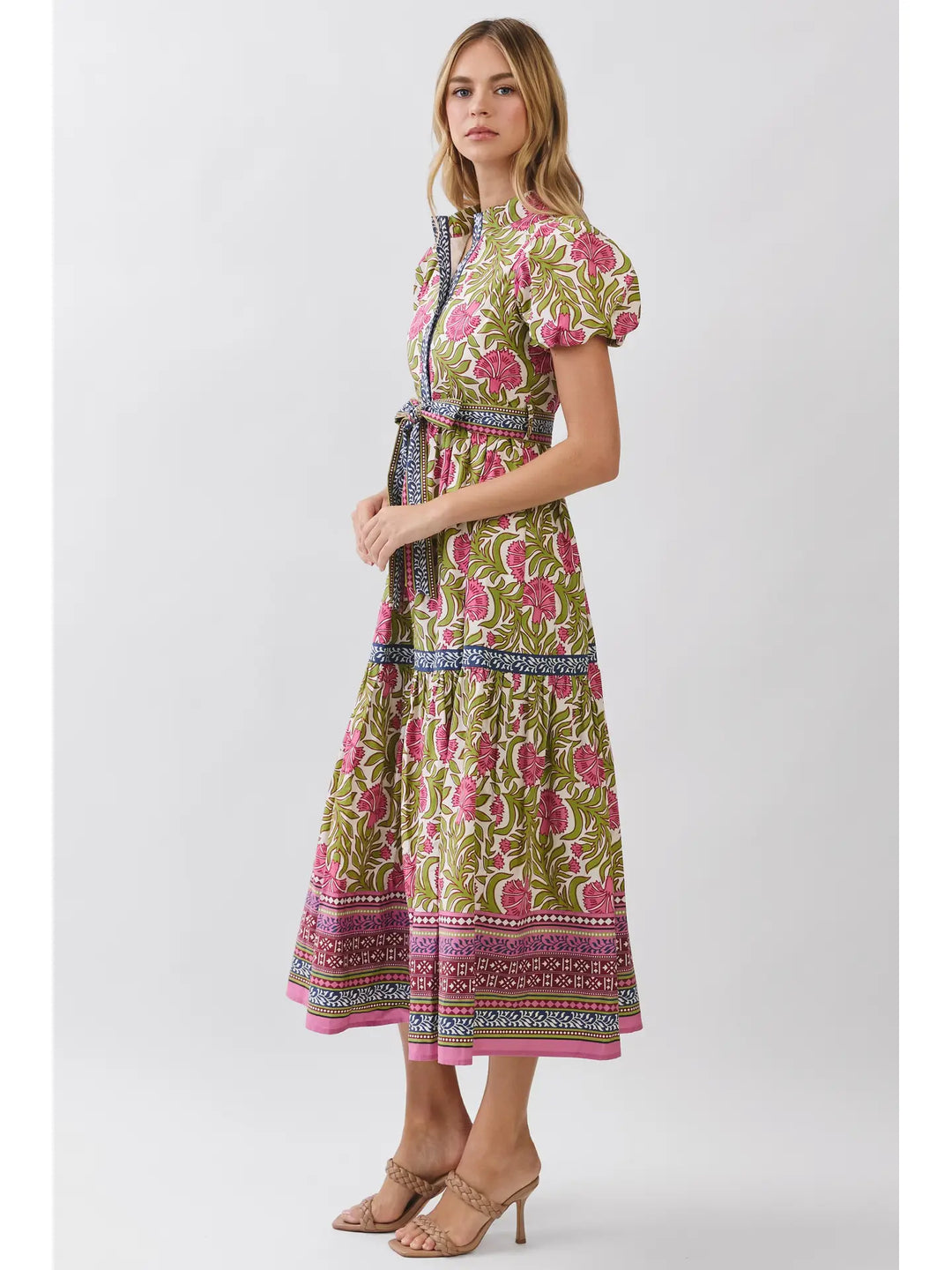 FLORAL BORDER PRINT TIE WAIST MAXI DRESS