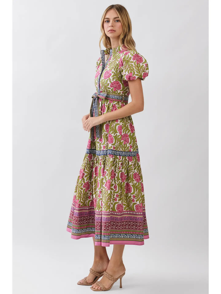 FLORAL BORDER PRINT TIE WAIST MAXI DRESS