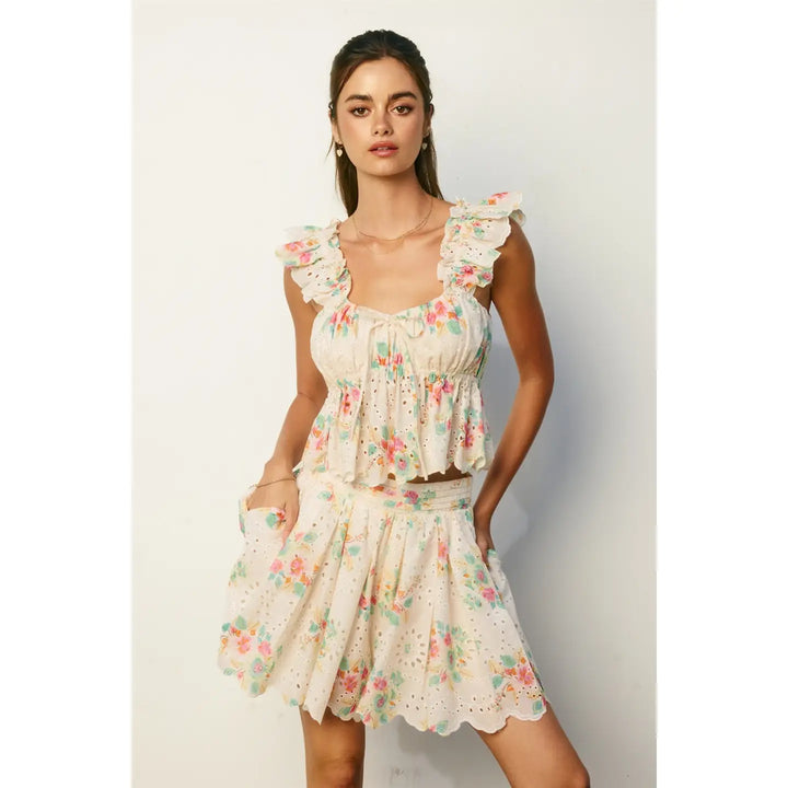 EVERBLOOM SCALLOPED HEM TOP &amp; FLARED SHORTS SET