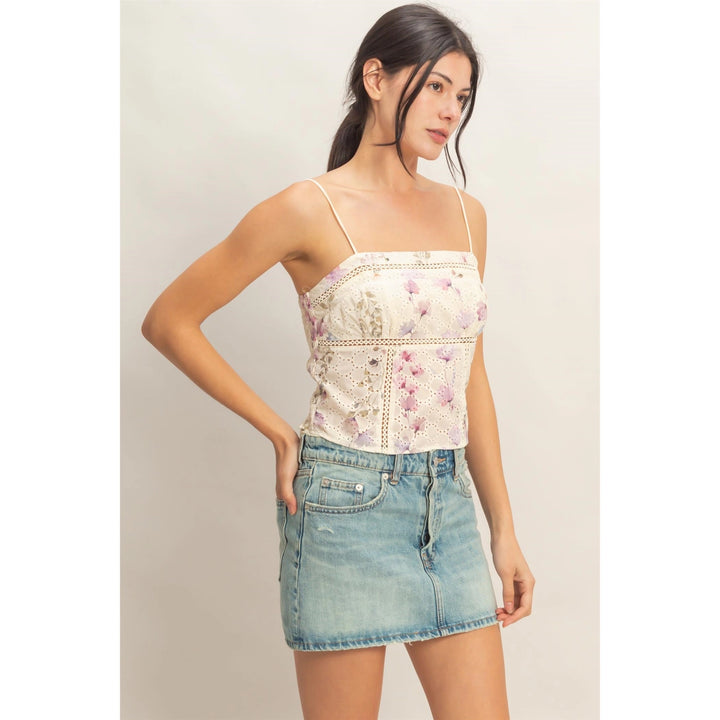 LACE TRIM FLORAL STRAP TANK