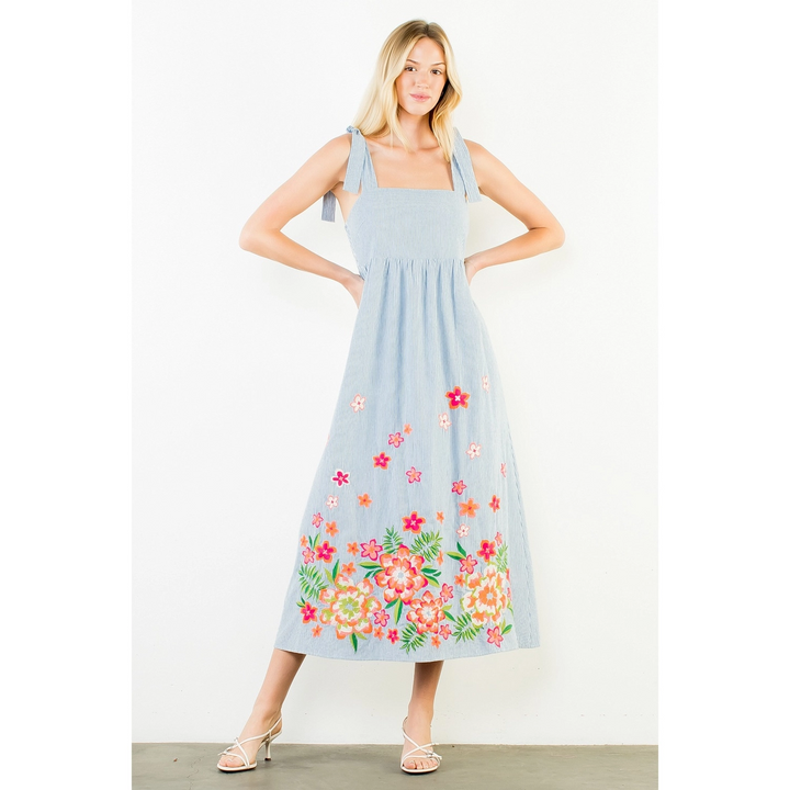 EMBROIDERED SELF TIE DRESS
