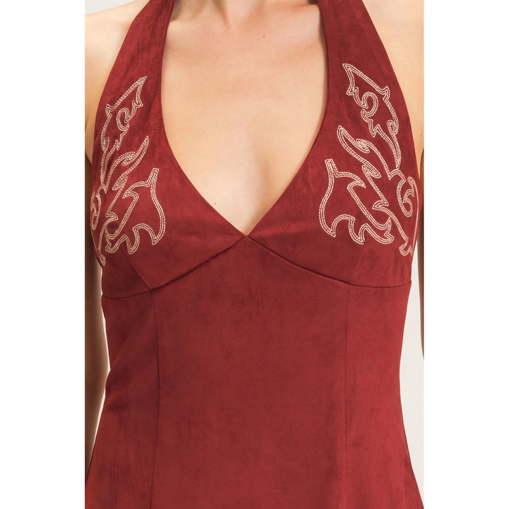 SUEDE V-NECK HALTER DRESS