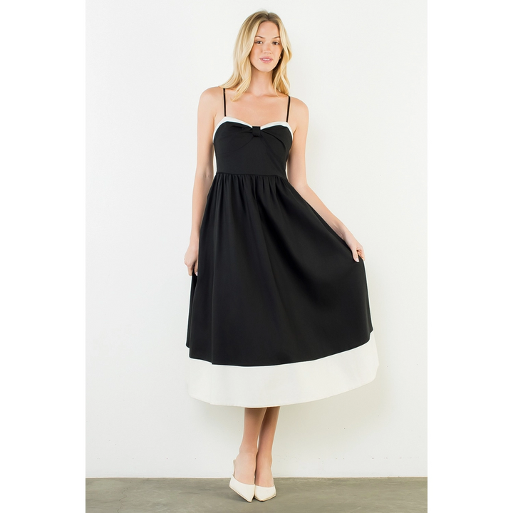 THIN STRAP BOW DETAIL MIDI DRESS