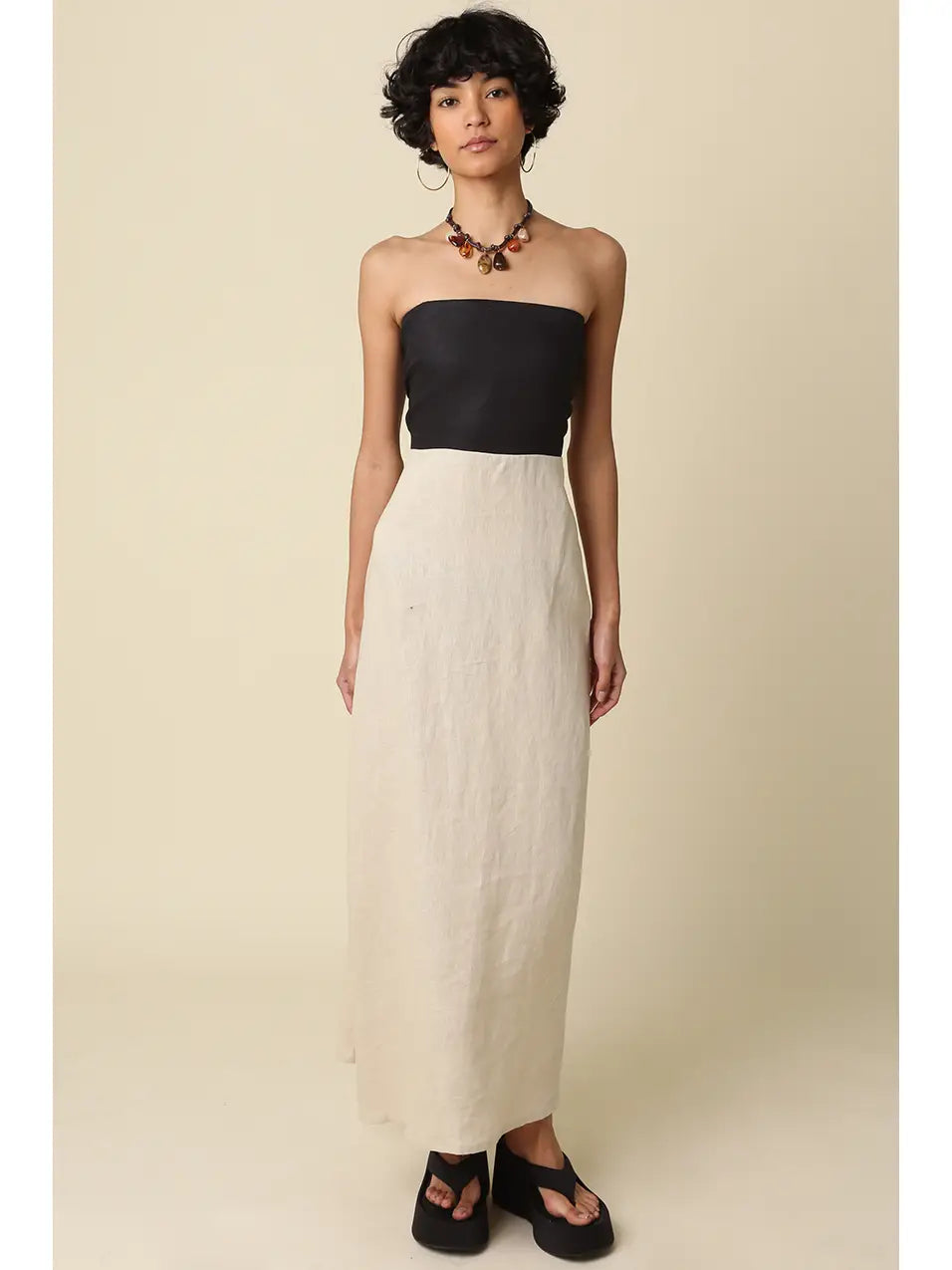 MEI CONTRAST STRAPLESS LINEN MAXI DRESS