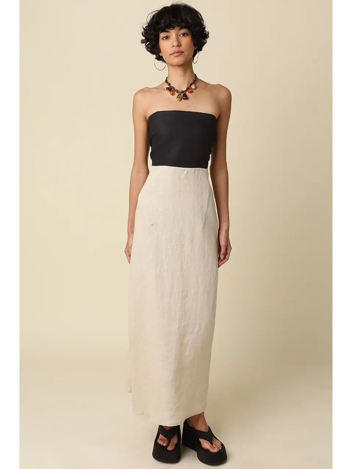 MEI CONTRAST STRAPLESS LINEN MAXI DRESS