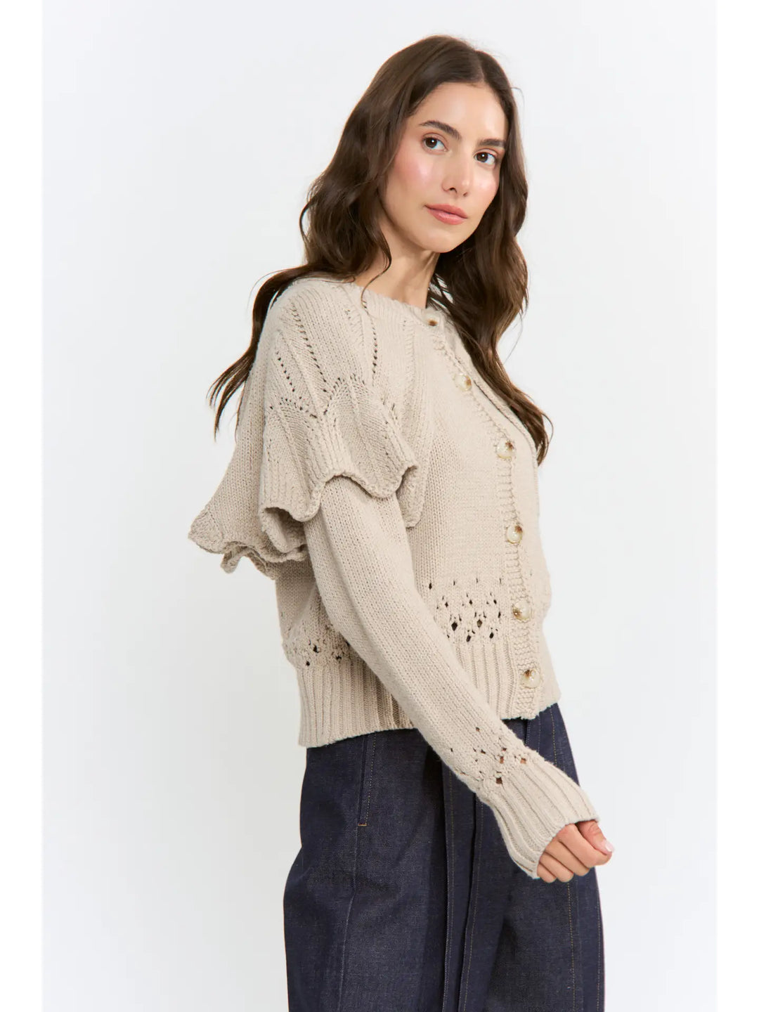 BUTTON-UP KNIT RUFFLED CAPELET CARDIGAN