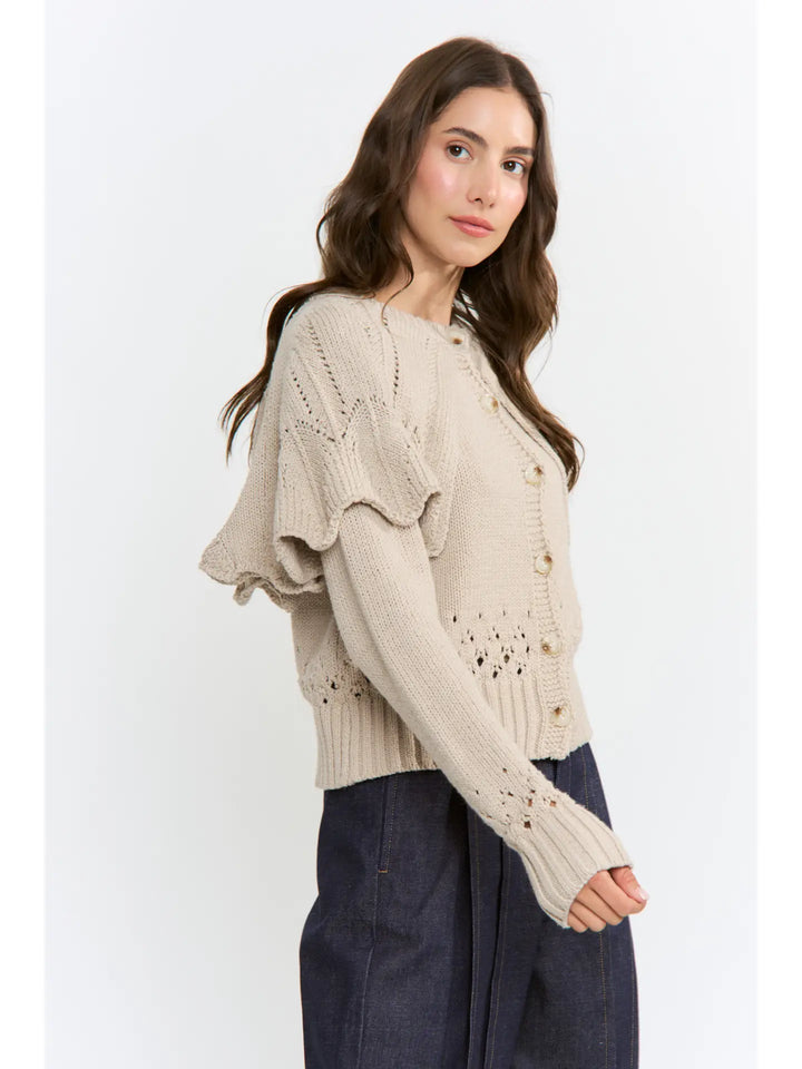 BUTTON-UP KNIT RUFFLED CAPELET CARDIGAN