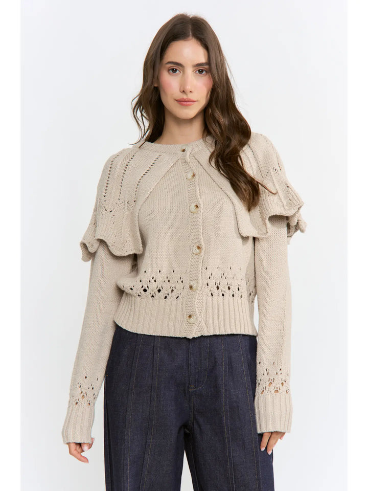 BUTTON-UP KNIT RUFFLED CAPELET CARDIGAN